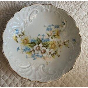 Vintage Yellow Aqua Flower Trinket Dish Bowl 5" Bone China